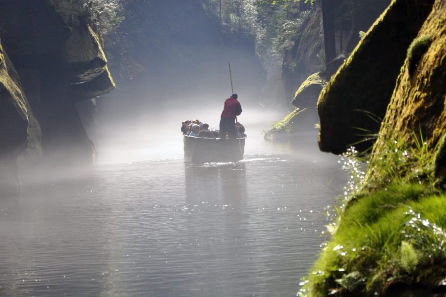 Boat ride in Schwedenlöcher Gorge, With Beautiful sandstone towers on both sides of the river