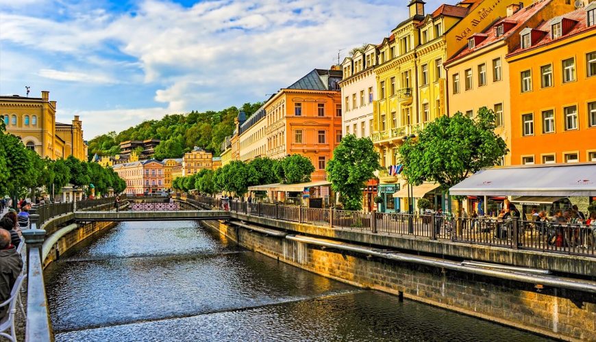 Signature panoramic landscape of Karlovy Vary, showcasing the healing spa culture and architectural beauty.
