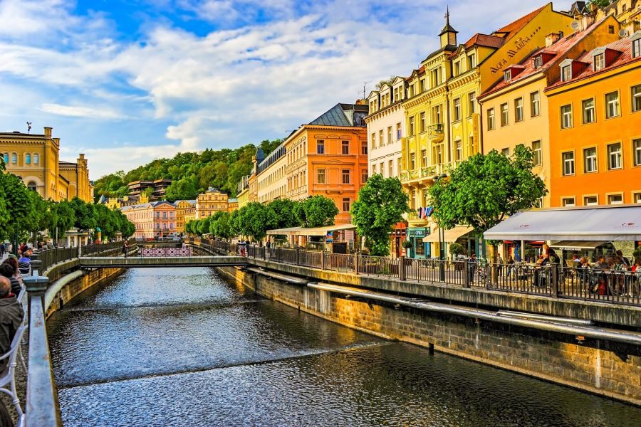Signature panoramic landscape of Karlovy Vary, showcasing the healing spa culture and architectural beauty.
