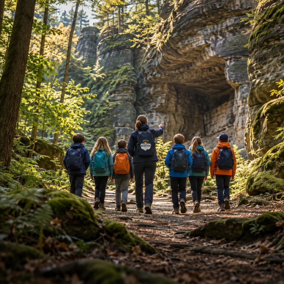 AI illustration of schoolchildren learning in a sandstone forest, viewed from behind
